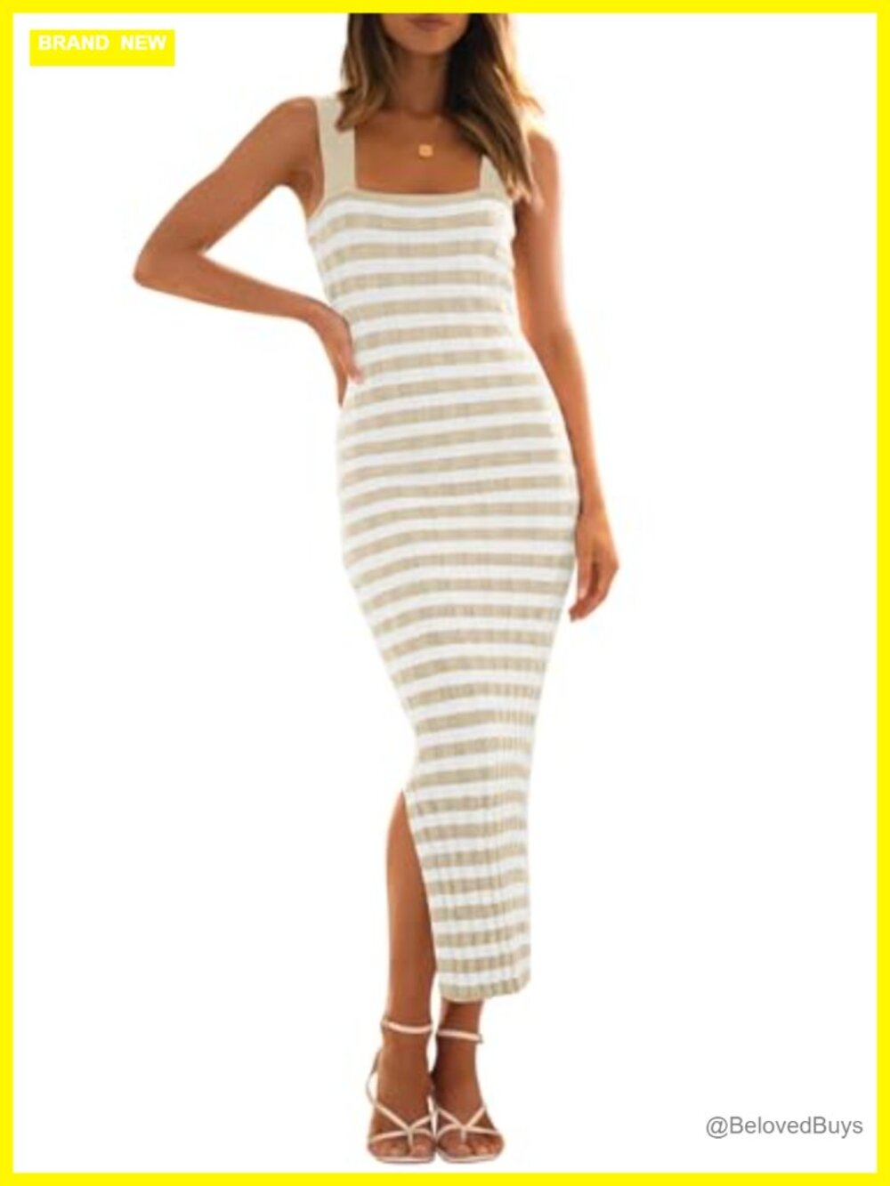 Sleeveless Striped Ribbed Knit Bodycon Midi Sweater Dress Summer Casual